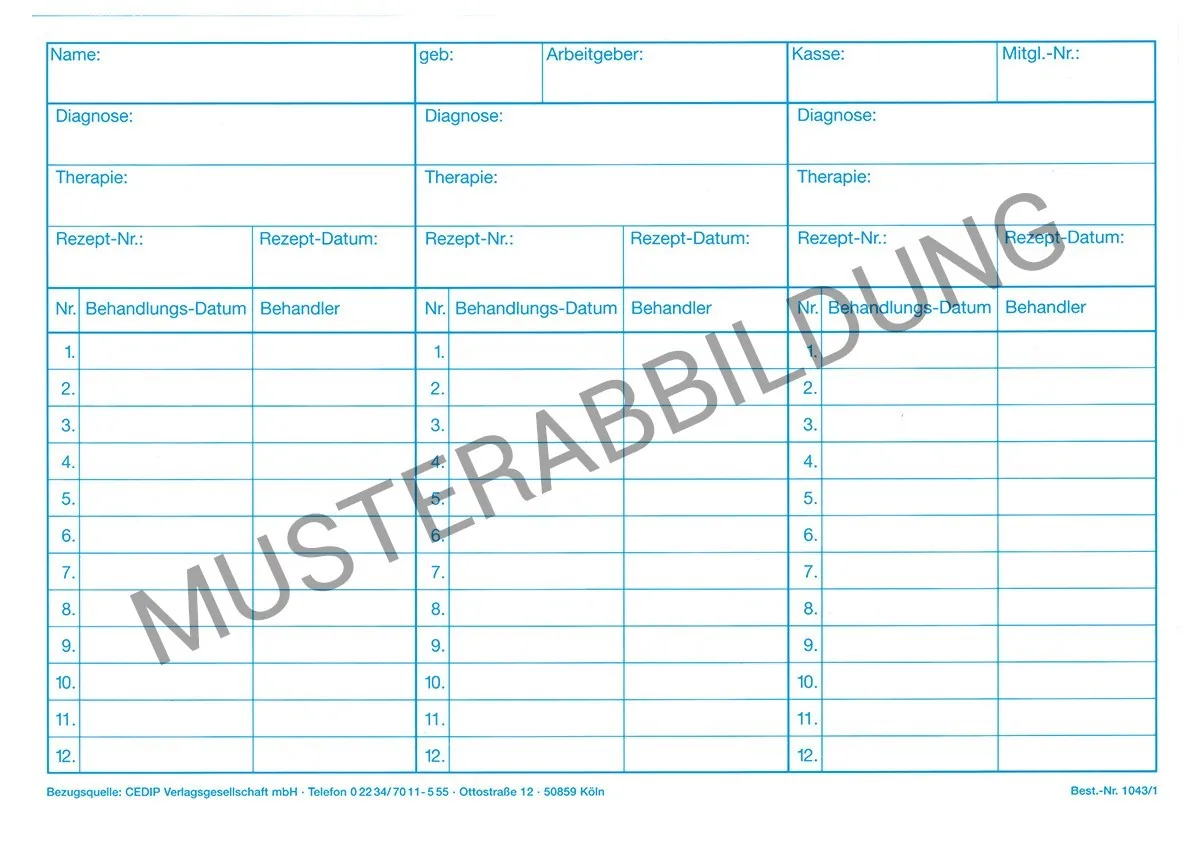 Einlegekarte Physiotherapeuten Version 1 Einlegekarten für Physiotherapeuten, Version 1, im Format DIN A5. Diese beidseitig liniert gestalteten Karten bieten viel Platz für die umfassende Dokumentation von Patientendaten und sind in einer Verpackungseinheit von 500 Stück erhältlich.