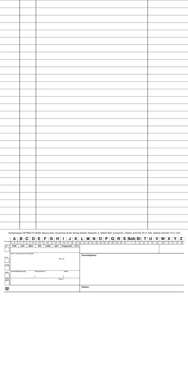 Karteimappe Endformat Offene Karteimappe in Weiß, strukturiert für die Organisation von Patientendaten in Arztpraxen, enthält Felder für Krankenkassenangaben, Überweisungen und Befunde sowie Platz für Notizen.
