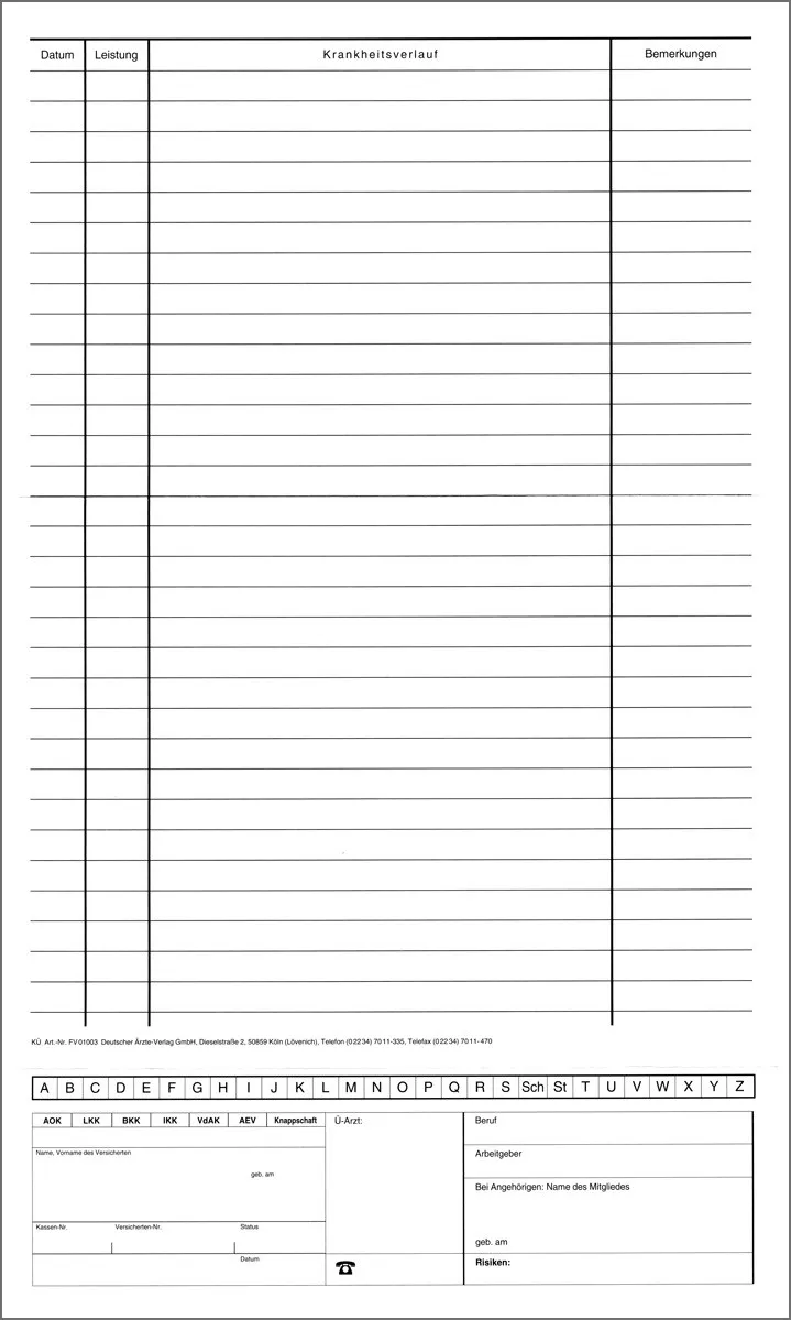 Karteimappe KÜ Karteimappe mit Alphabetleiste und Personalienfeld für die eGK, im offenen Format 21 x 36 cm, ideal zur Organisation von Patientendaten in Arztpraxen.