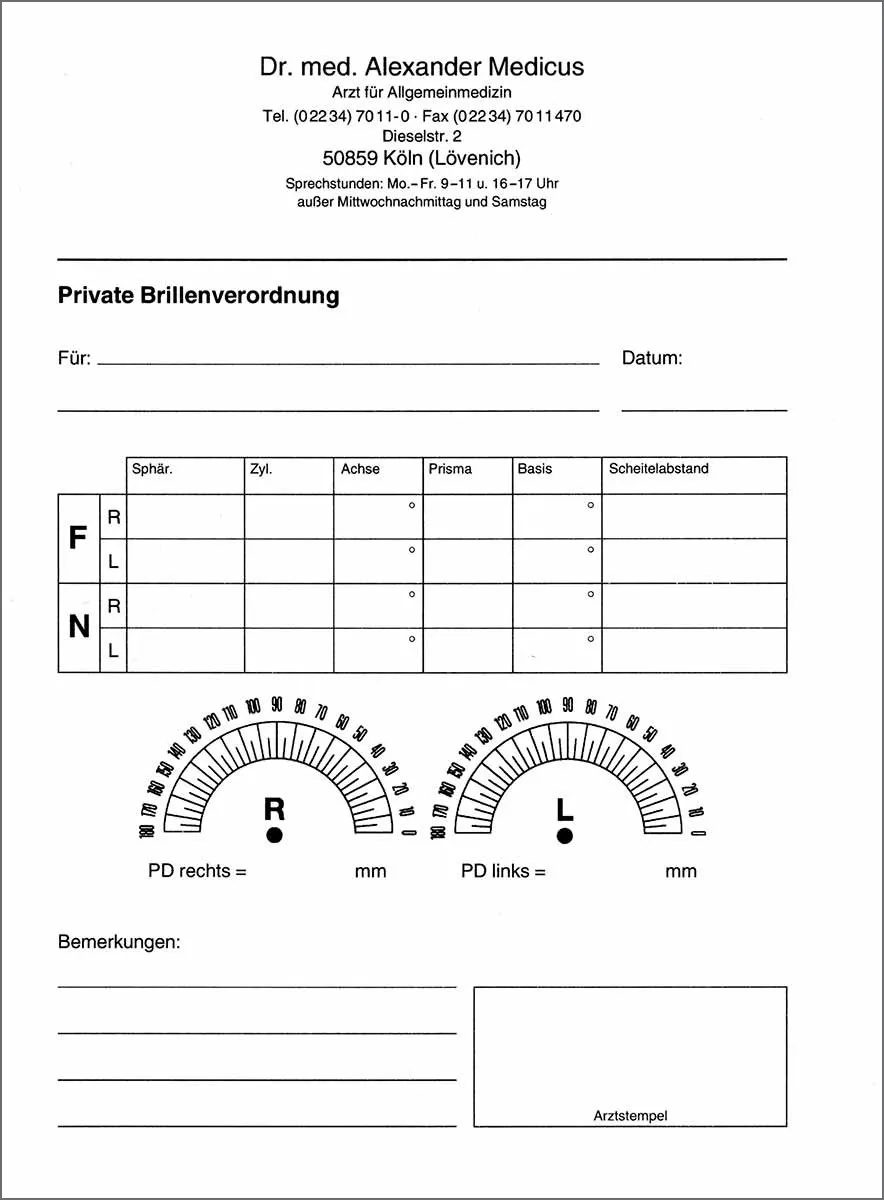 Privat-Brillenrezepte A5 hoch weiß lose Die Privat-Brillenrezepte im Format DIN A5 hoch sind als praktischer Abreißblock gestaltet und bieten einen Vordruck für eine einfache Handhabung. Jede Seite ist einseitig schwarz bedruckt und besteht aus hochwertigem 80 g Qualitätspapier in Weiß.