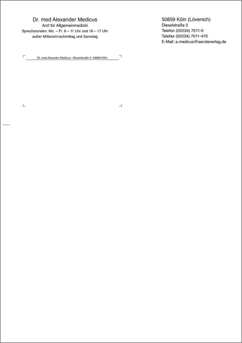 Briefbogen DIN A4 Layout zwei Die klassischen, weißen Briefbögen im Format A4 hoch sind ideal für den Einsatz in Ihrer Praxis. Sie sind einseitig und einfarbig schwarz bedruckt und enthalten die Informationen: Titel, Fachrichtung, Telefon/Telefax, Anschrift, PLZ/Ort und Sprechstunden.