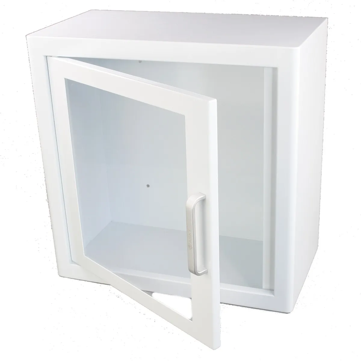 Premium Wandschrank für AED 2 Offener Metallschrank mit großem Sichtfenster in weiß und pulverbeschichtet.