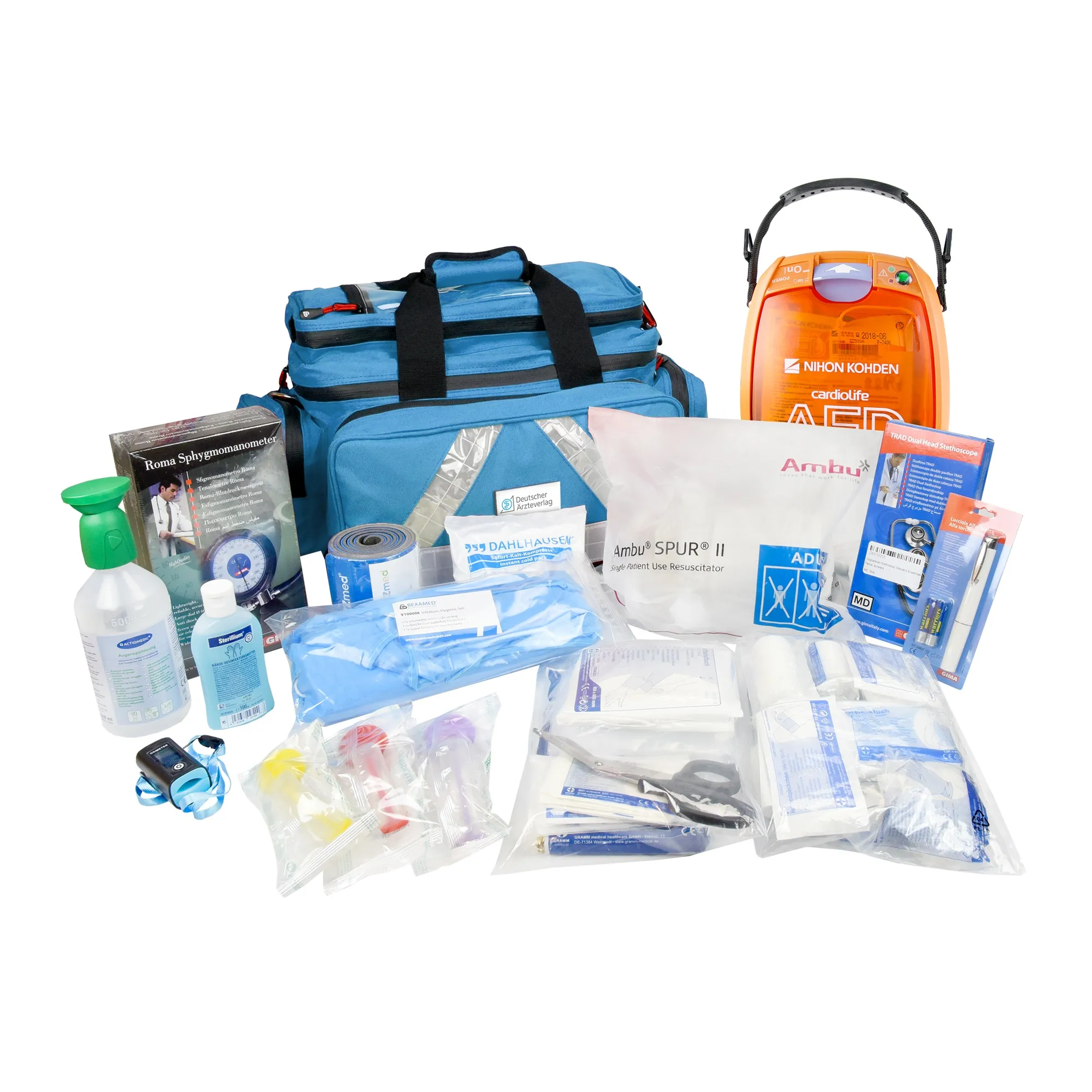 Set mit Defibrillator, 4-Jahres Batterie, Multifunktionselektroden, Notfalltasche und Füllsortiment für Erste Hilfe.