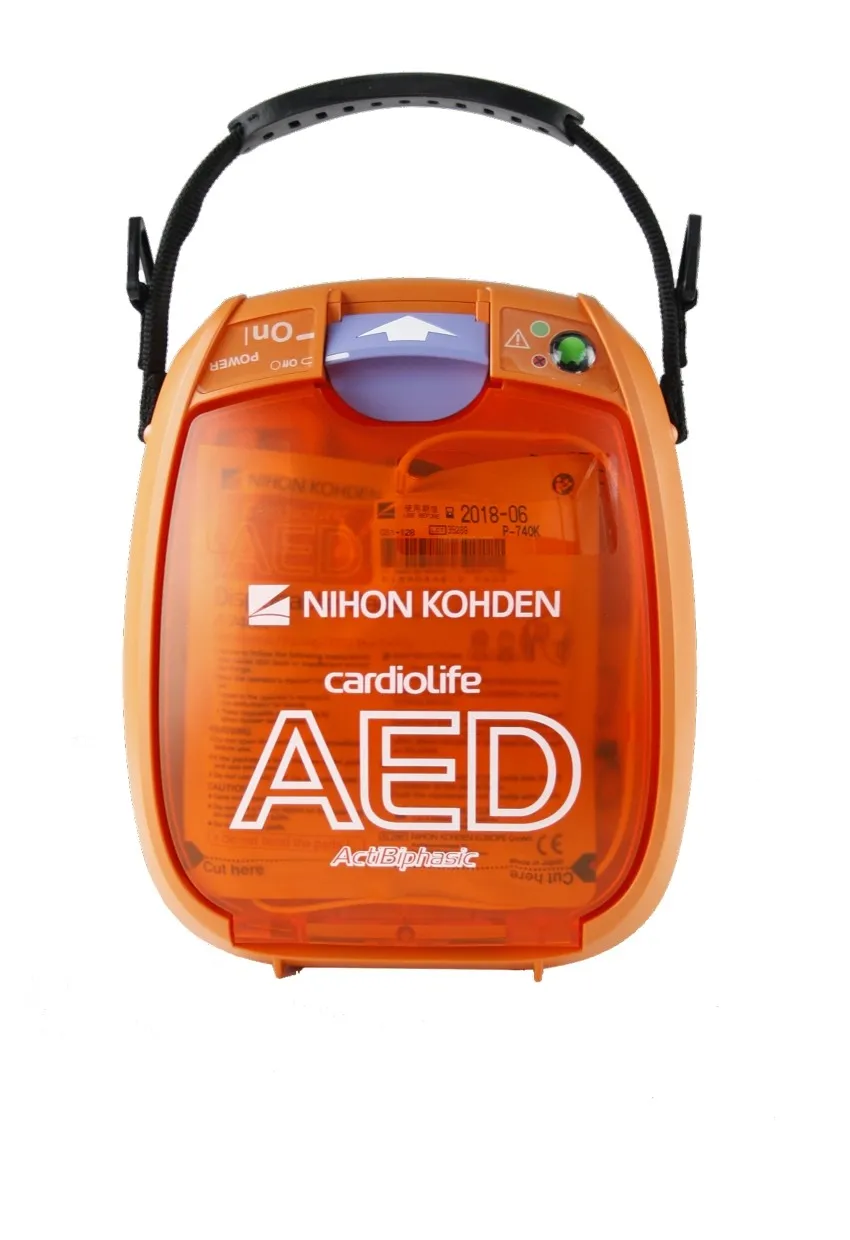 Notfallbedarf Orangener Defibrillator aus der Vorderseite.