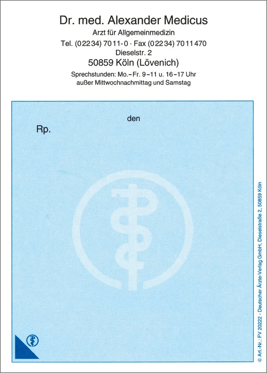Fälschungserschwerte Privatrezepte lose Die Privatrezepte der Serie Blau im Format DIN A6 hoch sind praktische Abreißblöcke mit einem ansprechenden Farbverlauf. Sie sind einseitig, zweifarbig in Blau und Schwarz bedruckt und beinhalten Informationen der Arztpraxis.