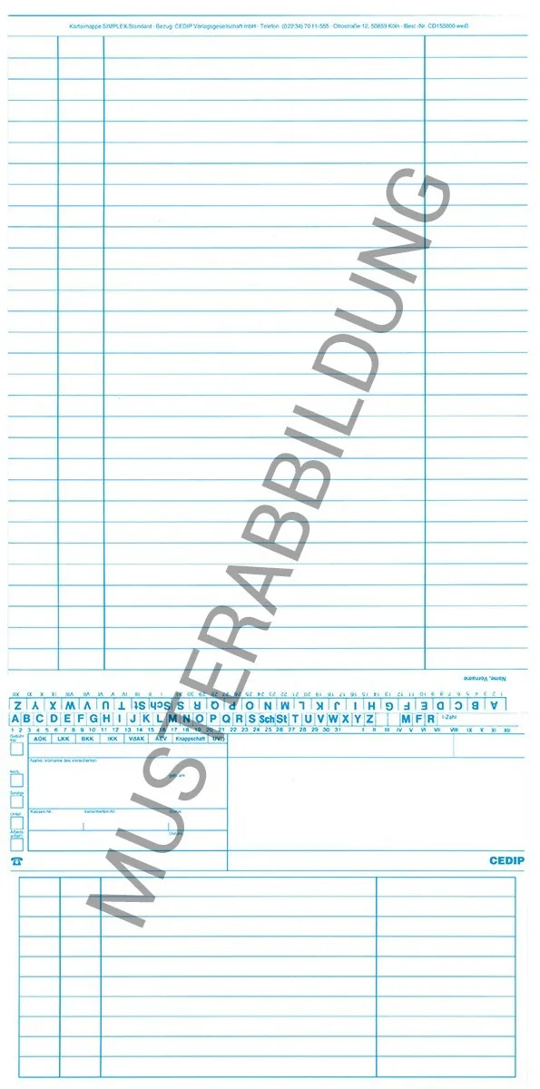 SIMPLEX Karteikarte Standard SIMPLEX Karteikarte Standard Allgemein zur optimalen Patientendokumentation. Diese ungefalzte Karteikarte im Format DIN A5 ist zweimal genutet, um das Falten zu erleichtern, und wird in einer Verpackungseinheit von 250 Stück geliefert.