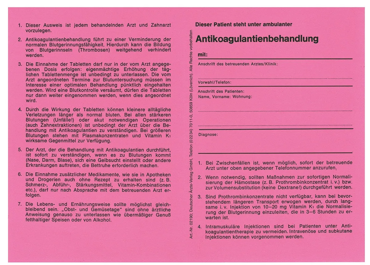 Antikoagulantien-Behandlungsausweis Antikoagulantien-Behandlungsausweis