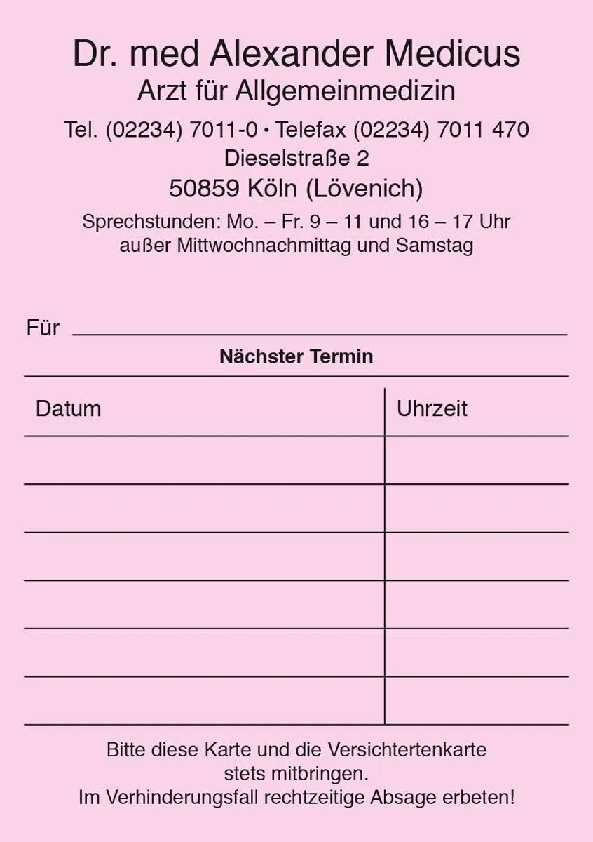 Behandlungs-/Terminkarte A7, 2-seitig (mit Aufdruck) Behandlungs-/Terminkarte A7, 2-seitig (mit Aufdruck)