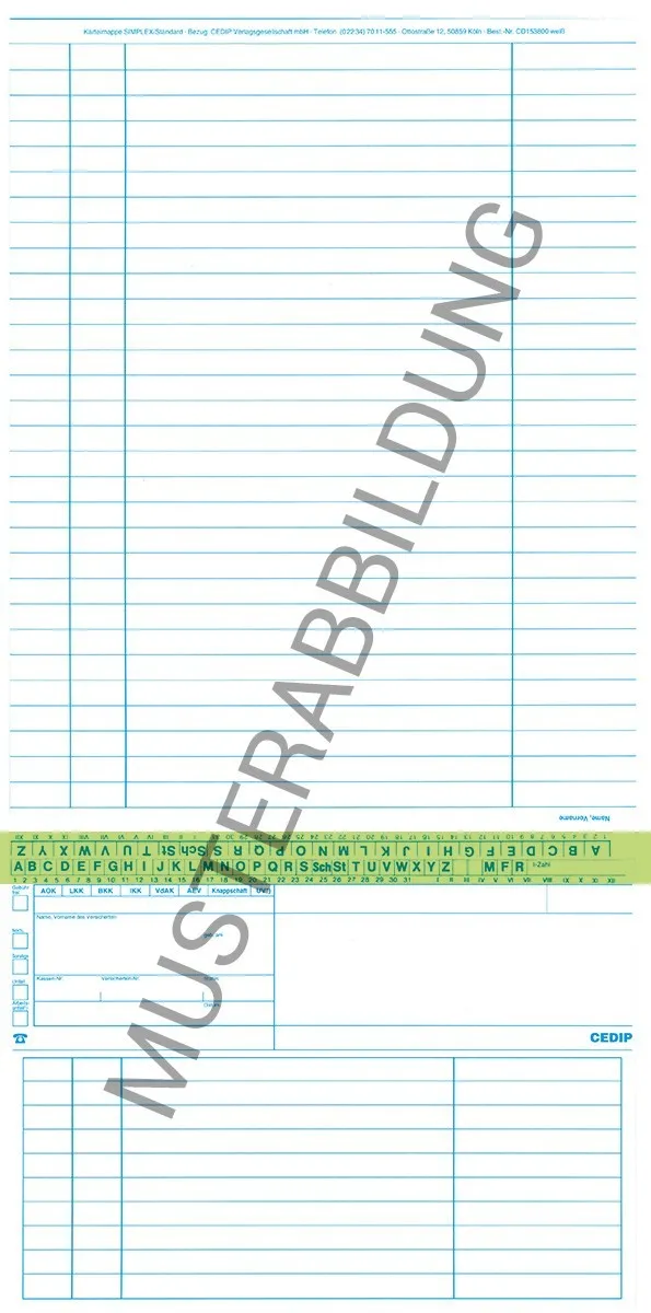 SIMPLEX Karteikarte Standard grün SIMPLEX Karteikarte Standard Allgemein in grün zur optimalen Patientendokumentation. Diese ungefalzte Karteikarte im Format DIN A5 ist zweimal genutet, um das Falten zu erleichtern, und wird in einer Verpackungseinheit von 250 Stück geliefert.