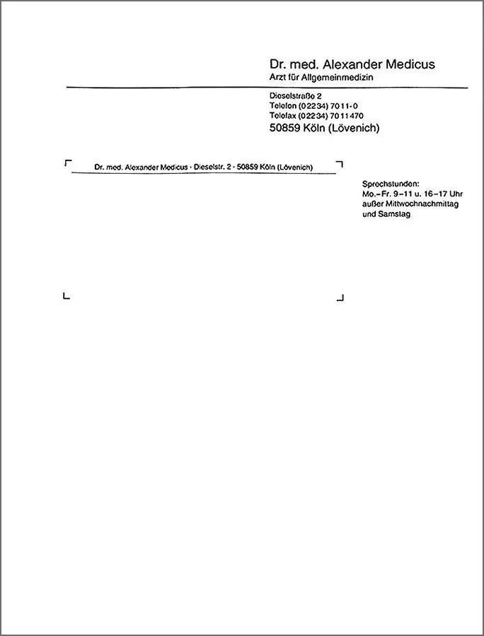 Briefbogen DIN A5 Die klassischen, weißen Briefbögen im Format A5 hoch sind ideal für den Einsatz in Ihrer Praxis. Sie sind einseitig und einfarbig schwarz bedruckt und enthalten die Informationen: Titel, Fachrichtung, Telefon/Telefax, Anschrift, PLZ/Ort und Sprechstunden.