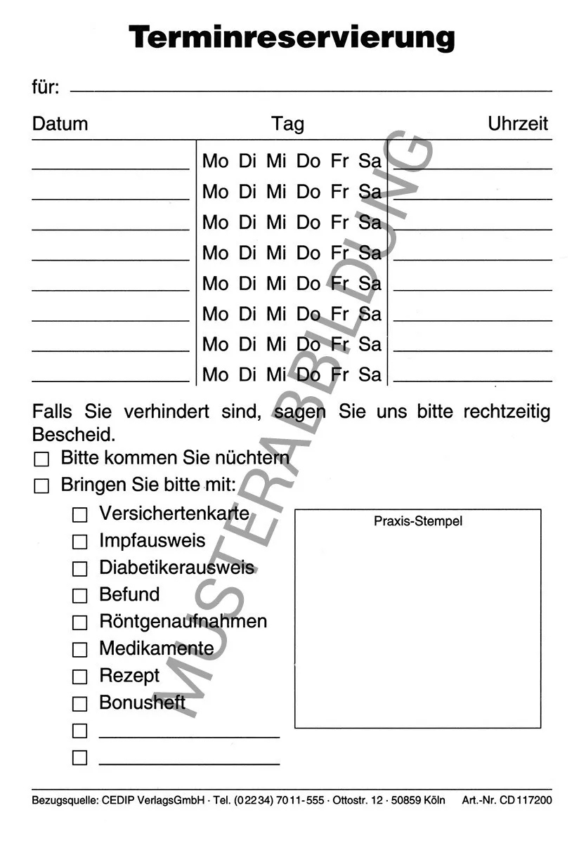 Terminreservierung Praktischer Terminblock im DIN A6 Format zur einfachen Reservierung von Terminen. Zusätzlich bietet der Block Infofelder, um fehlende Dokumente zu notieren. Die Blätter sind einseitig bedruckt und am Kopf geleimt.