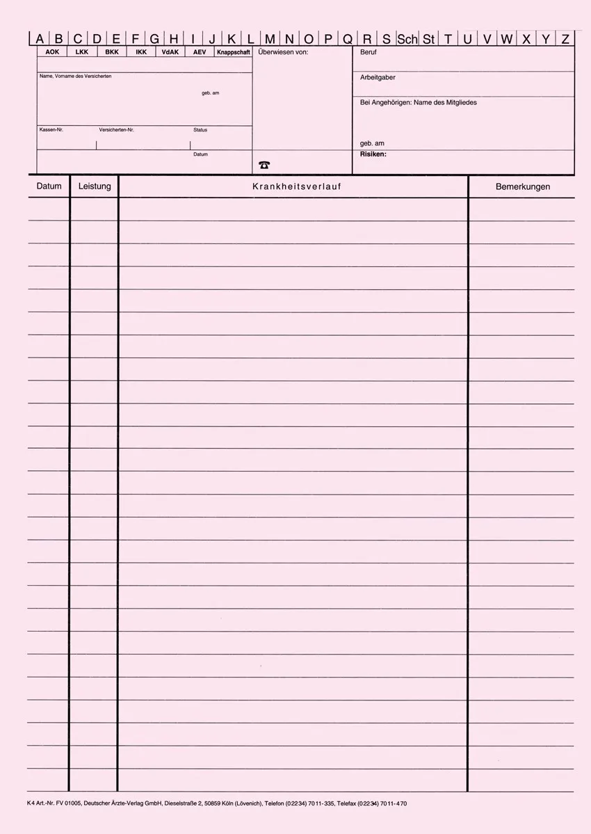 Karteimappe K4 rosa Zweiseitig bedruckte Karteimappe mit Alphabetleiste und Personalienfeld in rosa für die eGK, im offenen Format 21 x 28,9 cm, mit vorgefalzter Linie zum einfachen Falten, ideal für die Organisation in Arztpraxen.