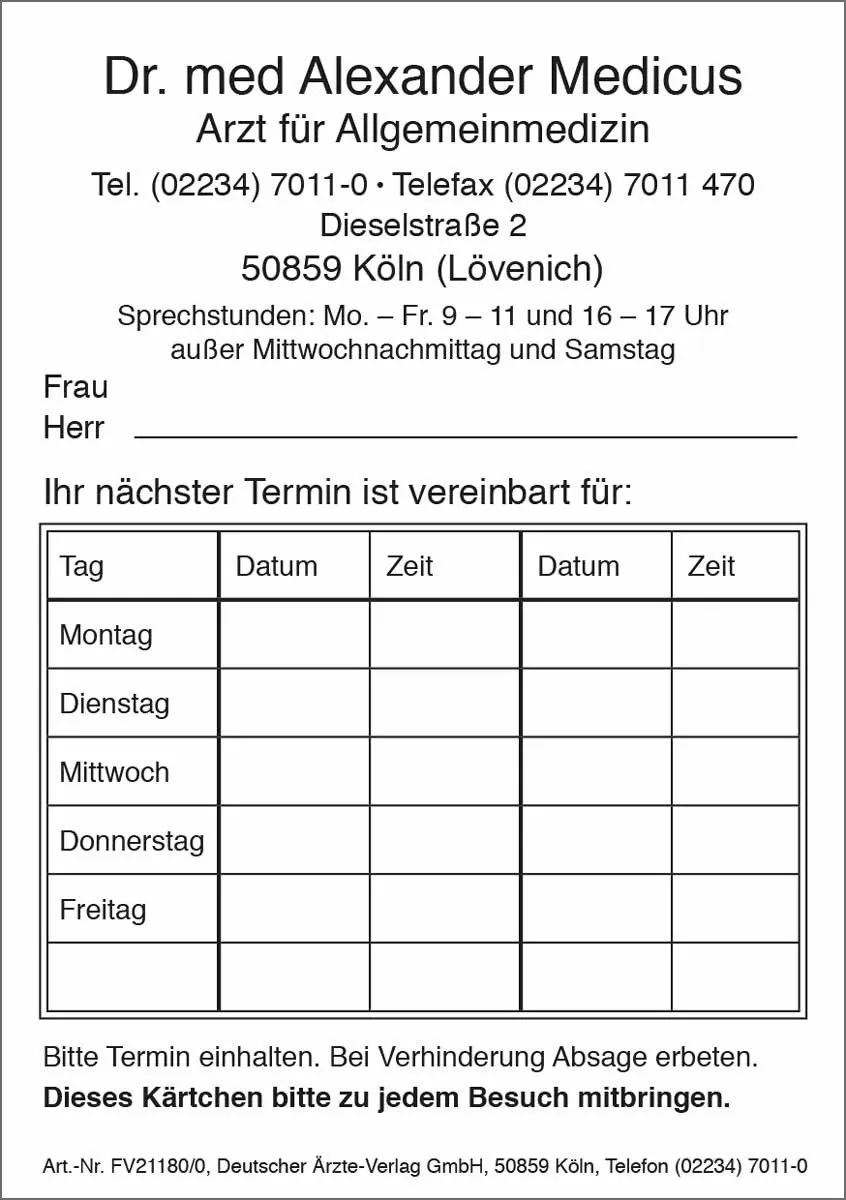 Behandlungs-/Terminkarte A7 (mit Aufdruck) Behandlungs-/Terminkarte A7 (mit Aufdruck)