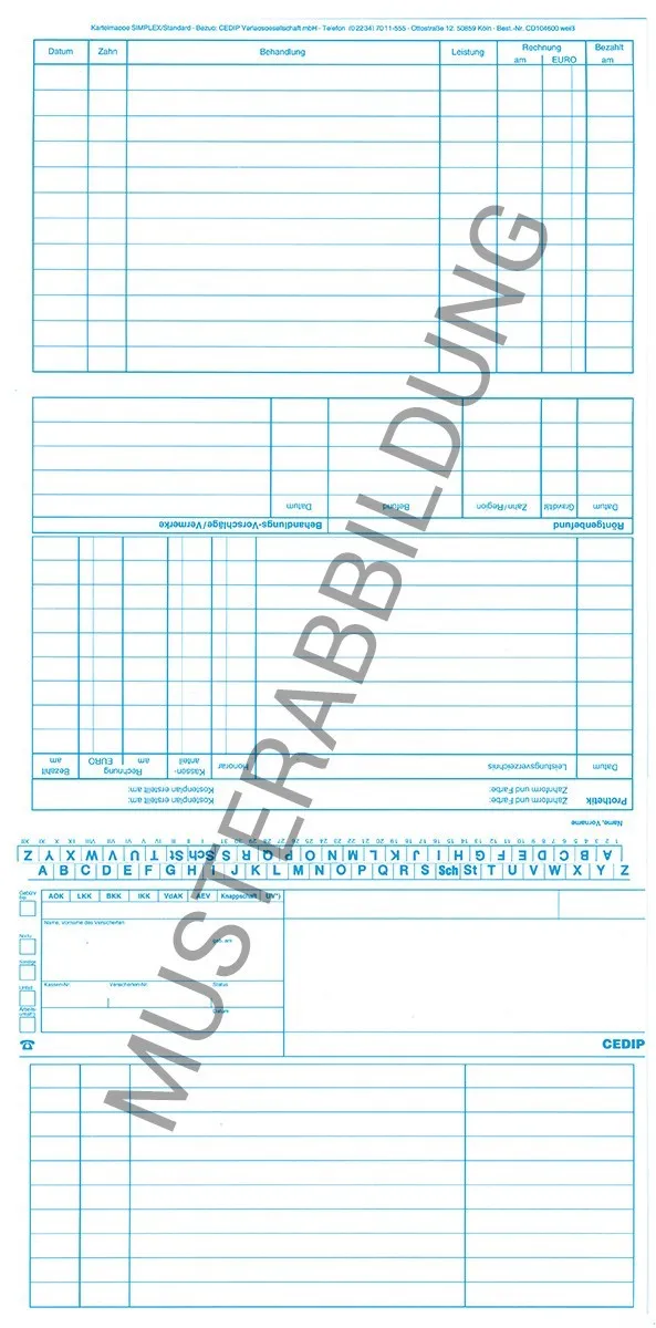 SIMPLEX Karteikarte Zahnärzte SIMPLEX Karteikarten für Zahnärzte im Format DIN A5, praktische ungefalzte Karten mit zwei Faltmarkierungen zur einfachen Handhabung. Ideal für die Patientendokumentation, erhältlich in einer Verpackungseinheit von 250 Stück.