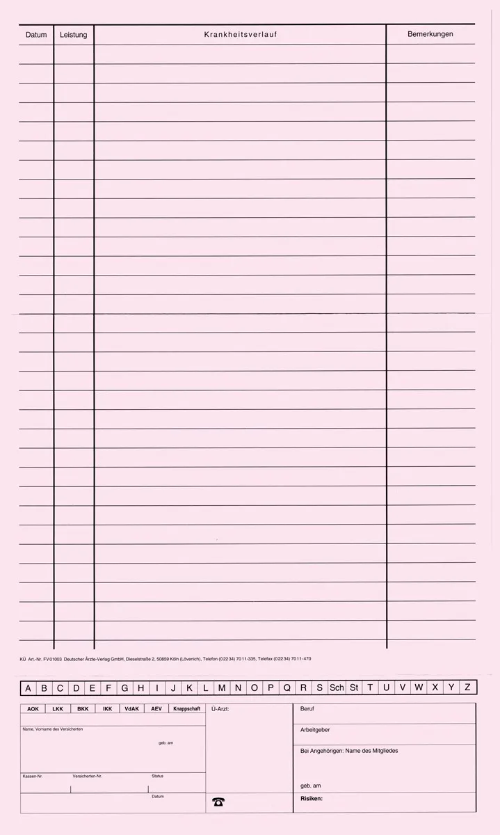 Karteimappe KÜ rosa Karteimappe mit Alphabetleiste und Personalienfeld in rosa für die eGK, im offenen Format 21 x 36 cm, ideal zur Organisation von Patientendaten in Arztpraxen.