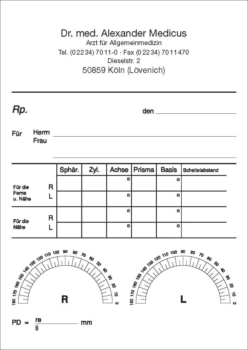 Privat-Brillenrezepte A6 hoch weiß geblockt Die Privat-Brillenrezepte im Format DIN A6 hoch sind als praktischer Abreißblock gestaltet und bieten einen Vordruck für eine einfache Handhabung. Jede Seite ist einseitig schwarz bedruckt und besteht aus hochwertigem 80 g Qualitätspapier in Weiß.