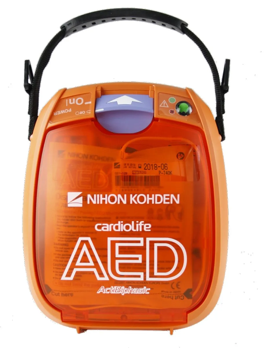 Cardiolife AED 3100 Orangener Defibrillator von der Vorderseite.