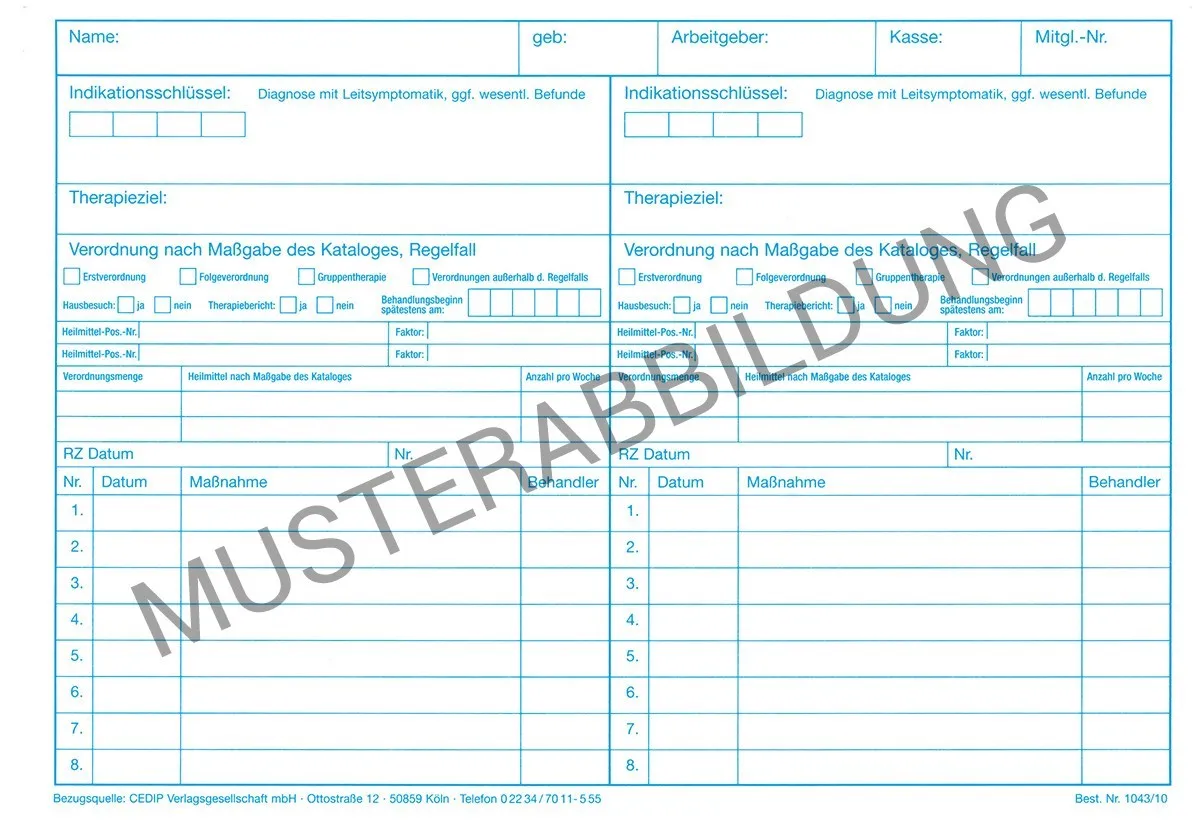 Einlegekarten Physiotherapeuten Version 2 Einlegekarten für Physiotherapeuten, Version 2, im Format DIN A5. Diese beidseitig liniert gestalteten Karten bieten reichlich Platz für die ausführliche Dokumentation von Patientendaten und sind in einer Verpackungseinheit von 500 Stück erhältlich.