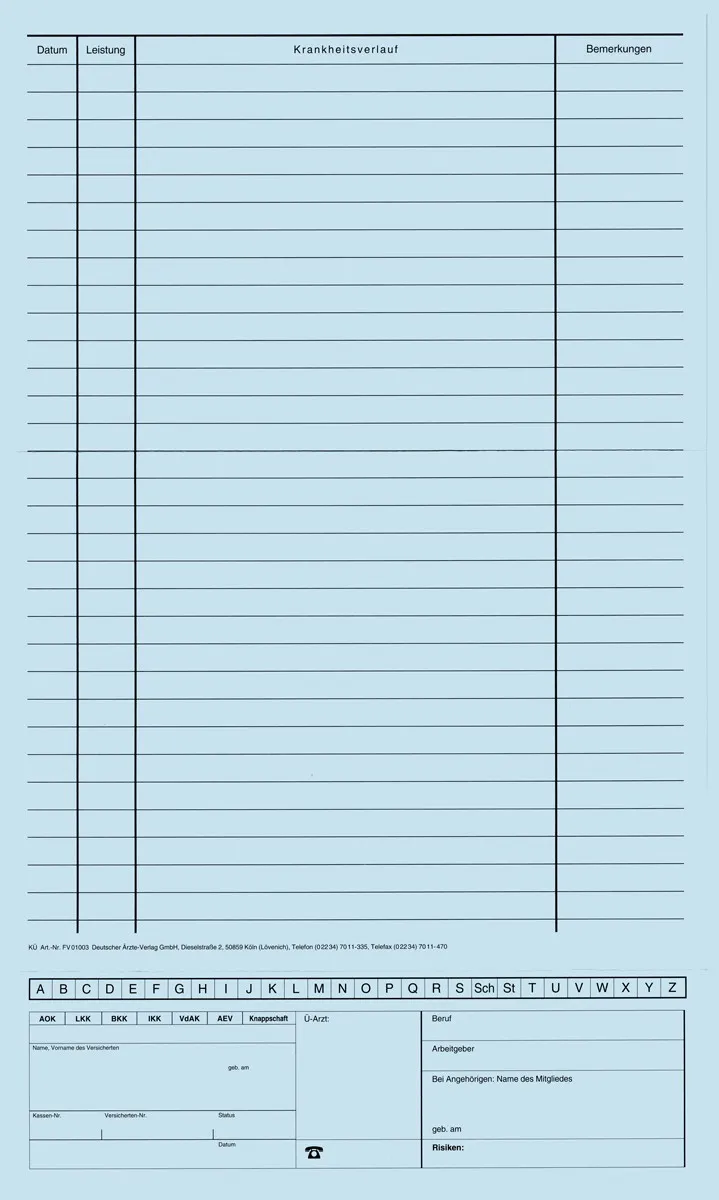 Karteimappe KÜ blau Karteimappe mit Alphabetleiste und Personalienfeld in blau für die eGK, im offenen Format 21 x 36 cm, ideal zur Organisation von Patientendaten in Arztpraxen.