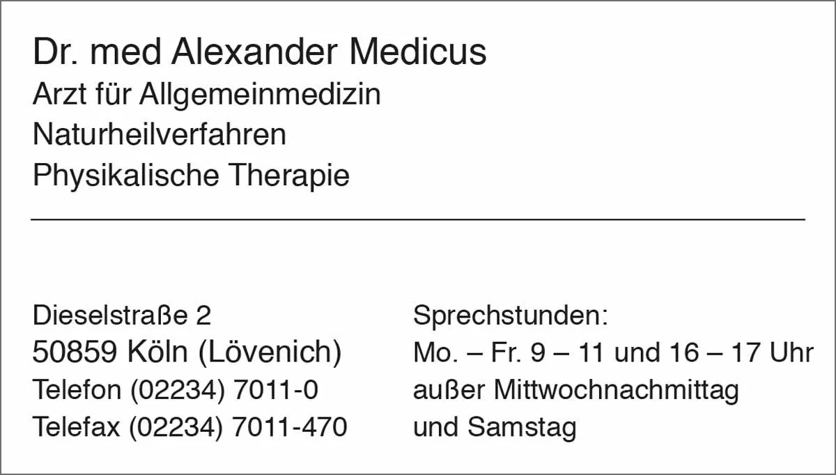 Visitenkarte Muster zwei Die Visitenkarte im praktischen Scheckkartenformat ist ideal für den professionellen Auftritt Ihrer Praxis. Sie ist einseitig bedruckt und bietet auf Wunsch die Möglichkeit, Ihr individuelles Praxislogo und Praxisinformationen einzufügen.