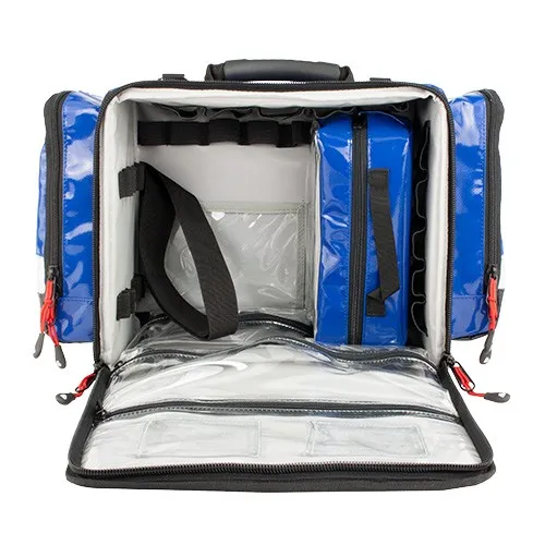 Notfalltasche Blau offen Blaue und geöffnete Notfalltasche mit schwarzem Griff.