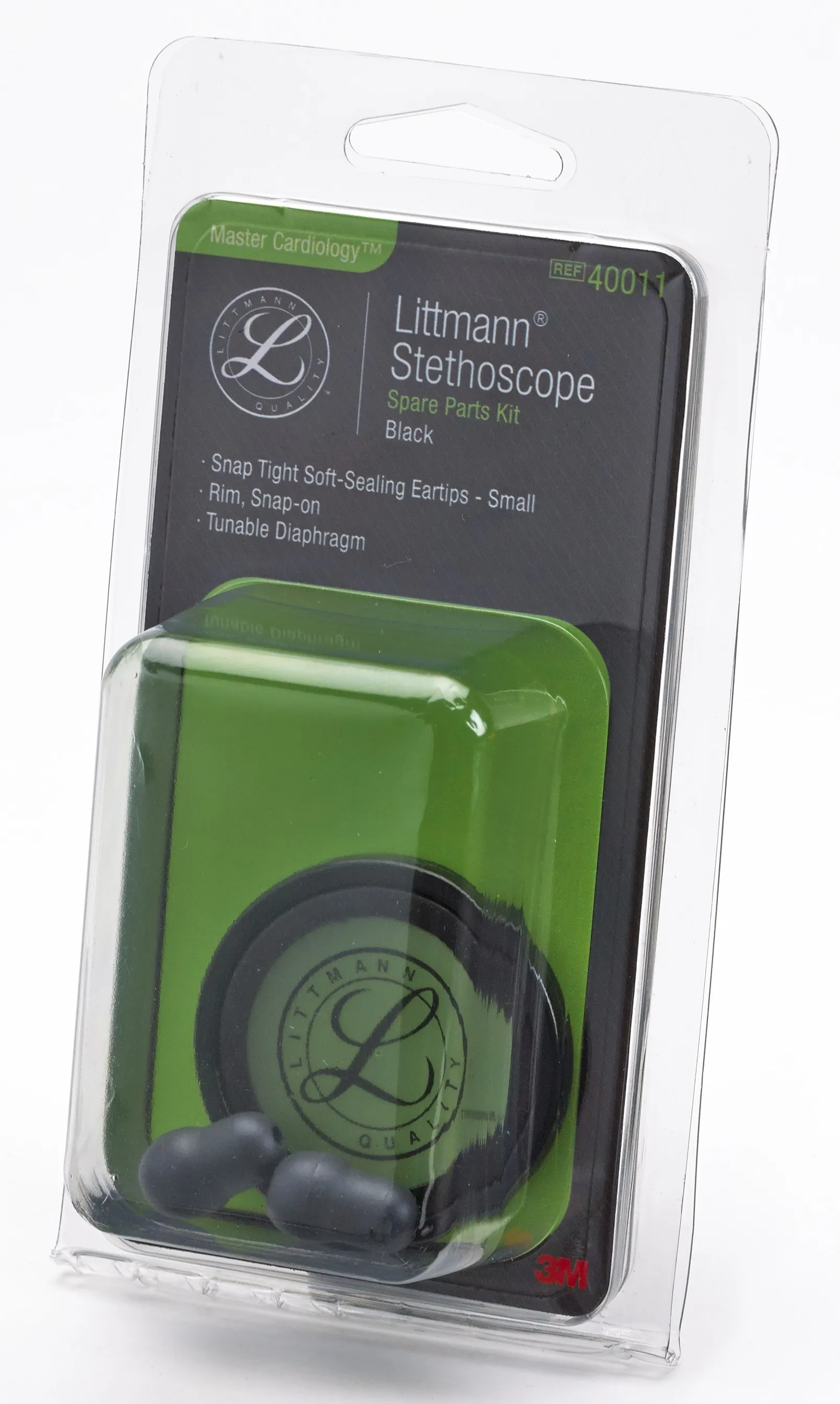 Littmann Ersatzteile Set Master Cardiology schwarz Ersatzteile-Set in schwarz in der Verpackung mit weichen Ohroliven, Dual-Frequency-Membran und Kälteschutzring.