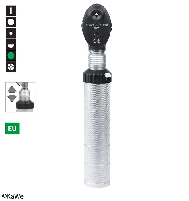 KaWe EUROLIGHT E36 Ophthalmoskop 2,5 V, XH, Griff C mit Clic-Verschluss 6 Blenden KaWe EUROLIGHT E36 Ophthalmoskop 2,5 V, XH, Griff C mit Clic-Verschluss 6 Blenden