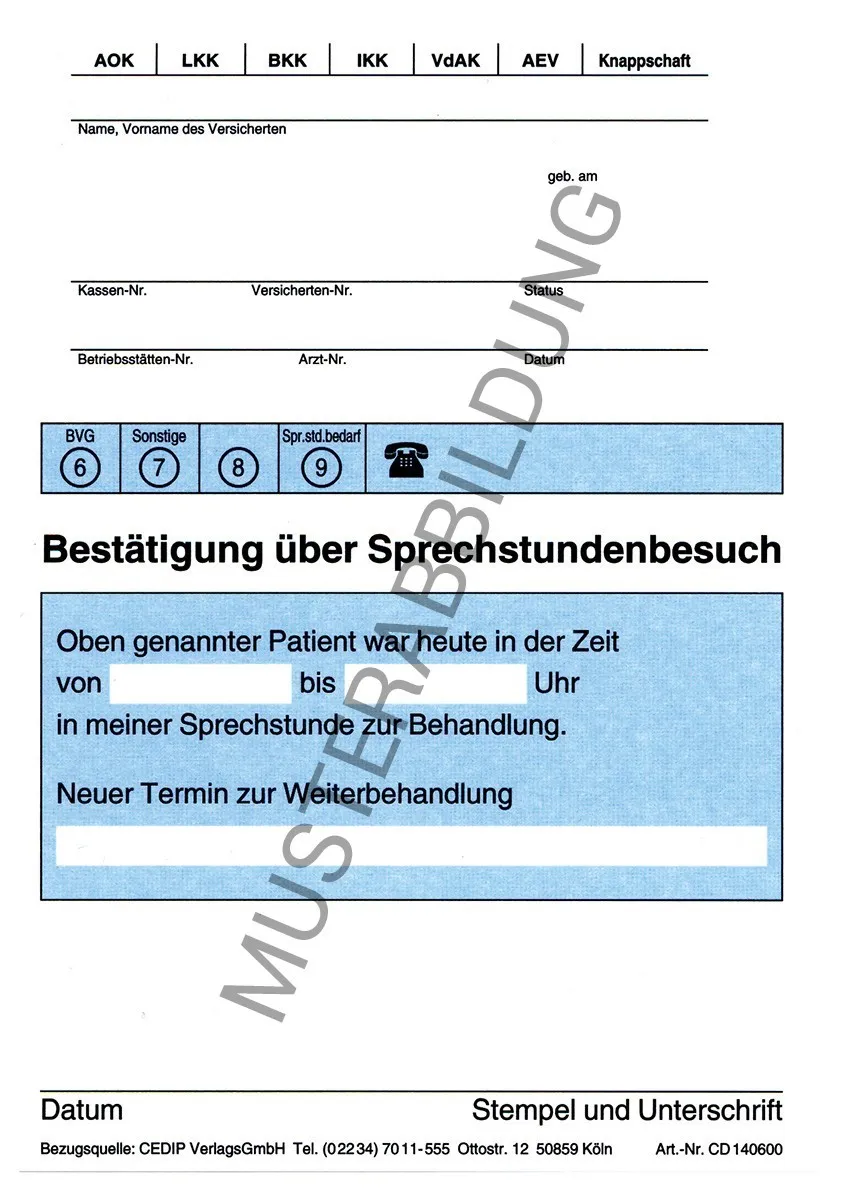 Bestätigung Sprechstundenbesuch Die Bestätigung für Sprechstundenbesuche, aus holzfreiem Papier, bietet eine praktische Möglichkeit, Termine zu dokumentieren. Im handlichen DIN A6 Format, einseitig bedruckt, eignet sie sich ideal für den täglichen Praxisgebrauch.