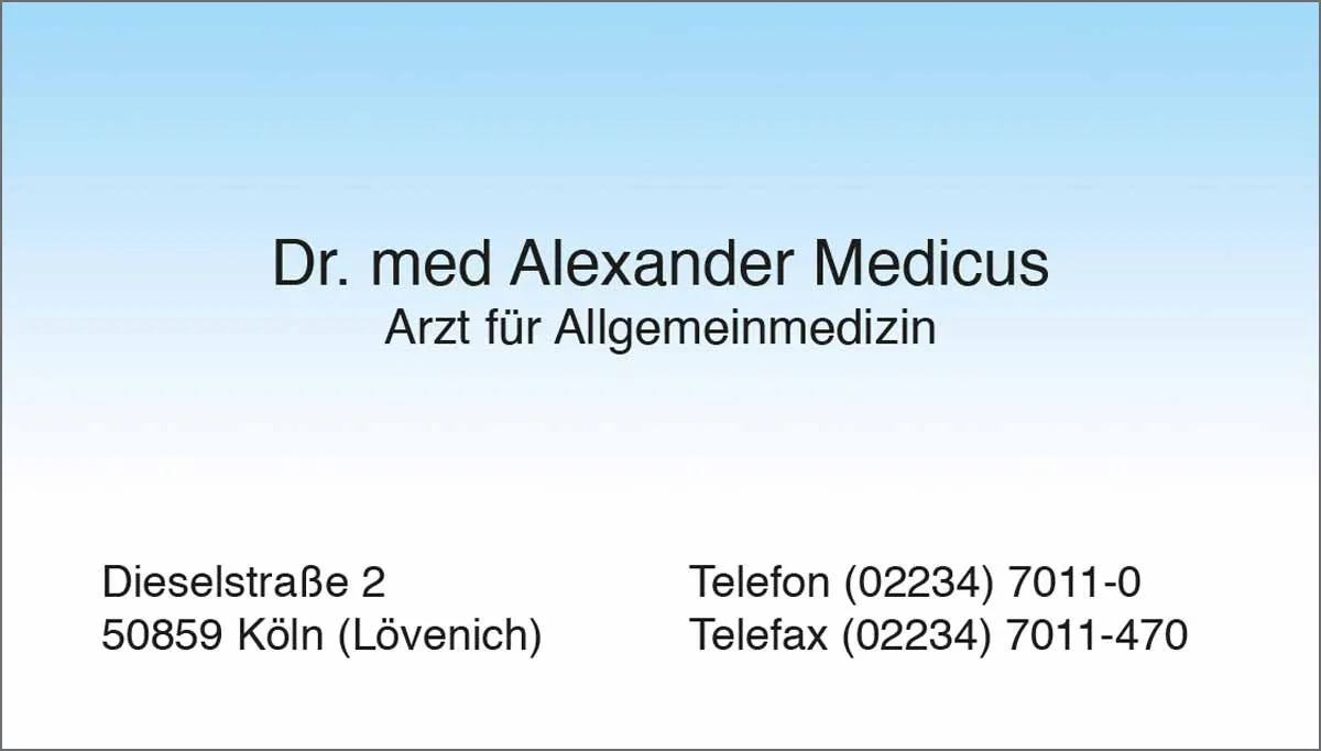 Visitenkarte Serie Blau Muster drei Die Visitenkarte der Serie Blau im praktischen Scheckkartenformat ist ein ansprechendes Werbemittel für Ihre Praxis mit sämtlichen Informationen. Sie ist einseitig bedruckt und kann auf Wunsch mit Ihrem individuellen Praxislogo versehen werden.