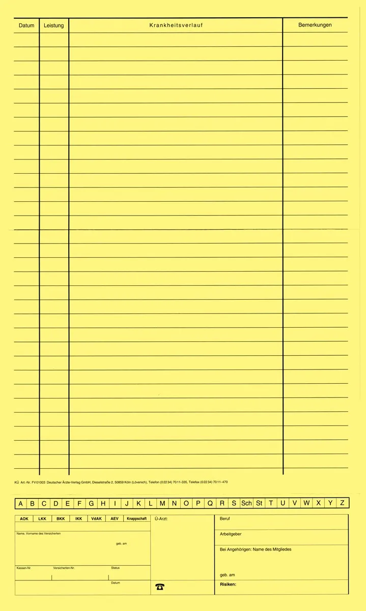 Karteimappe KÜ gelb Karteimappe mit Alphabetleiste und Personalienfeld in gelb für die eGK, im offenen Format 21 x 36 cm, ideal zur Organisation von Patientendaten in Arztpraxen.