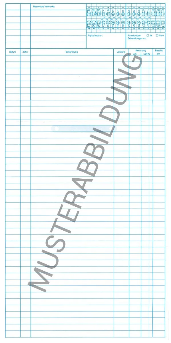 SIMPLEX Karteikarte Zahnärzte 2 SIMPLEX Karteikarten für Zahnärzte im Format DIN A5, praktische ungefalzte Karten mit zwei Faltmarkierungen zur einfachen Handhabung. Ideal für die Patientendokumentation, erhältlich in einer Verpackungseinheit von 250 Stück.