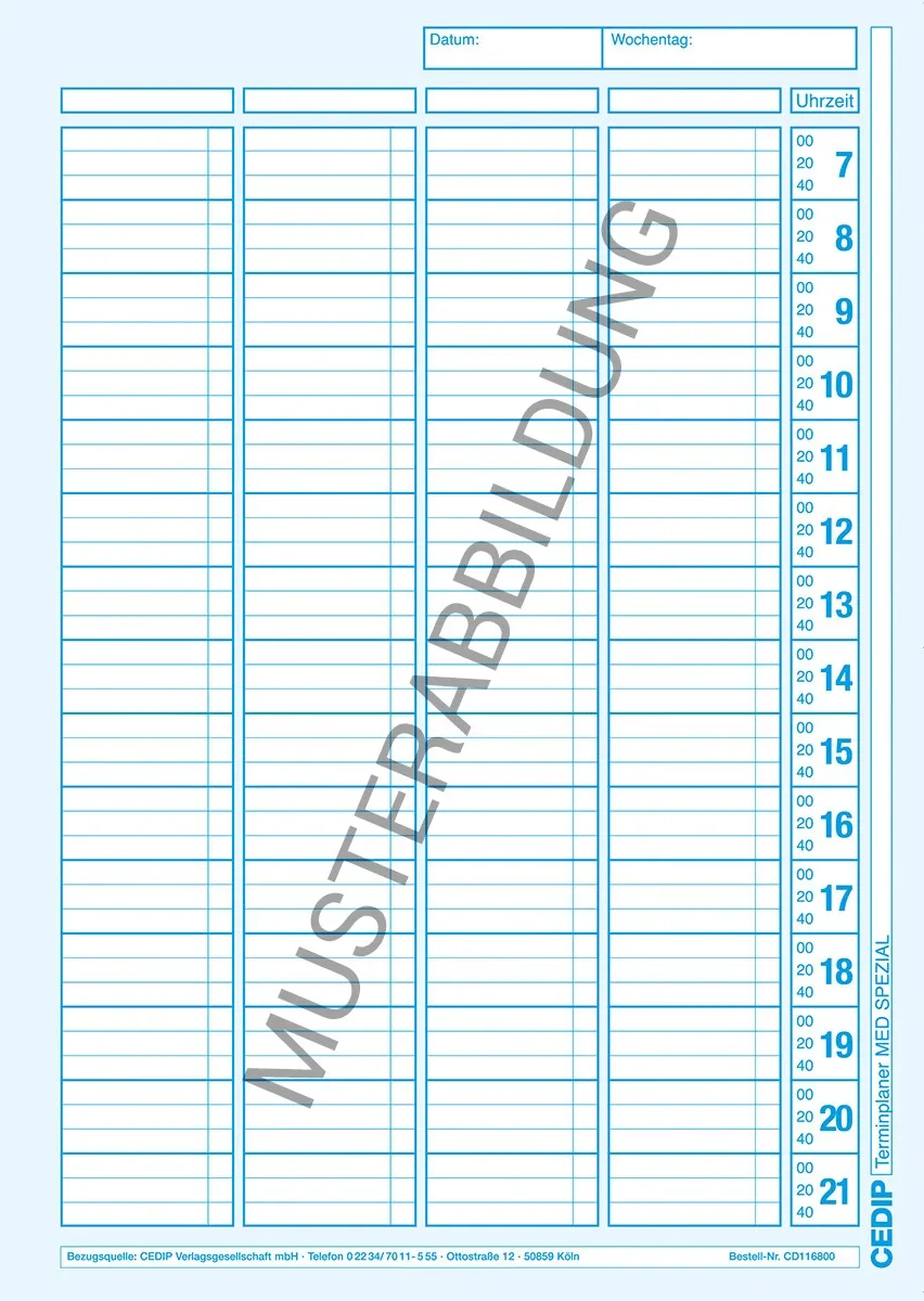 Ringbuch-Set Med Spezial 2 Datumsneutraler Terminplaner Med System als Ringbuch-Set. Der gesamte Tag wird auf einer Seite abgebildet mit 4 Behandlungsspalten pro Tag und einem 15-Minuten-Takt. Offenes Format: 51 x 30 cm. Das Set besteht aus 150 Einlegeblättern und einem Ringbuch.