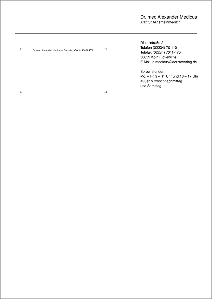 Briefbogen DIN A4 Die klassischen, weißen Briefbögen im Format A4 hoch sind ideal für den Einsatz in Ihrer Praxis. Sie sind einseitig und einfarbig schwarz bedruckt und enthalten die Informationen: Titel, Fachrichtung, Telefon/Telefax, Anschrift, PLZ/Ort und Sprechstunden.