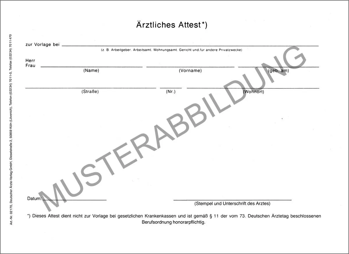 Ärztliches Attest Ärztliches Attest im Format DIN A5 quer, einseitig bedruckt, zur schriftlichen Bescheinigung des Nachweises einer Krankheit. Hergestellt aus 80 g weißem Papier, in einer Verpackungseinheit von 500 Attesten, ideal für den Einsatz in Arztpraxen.