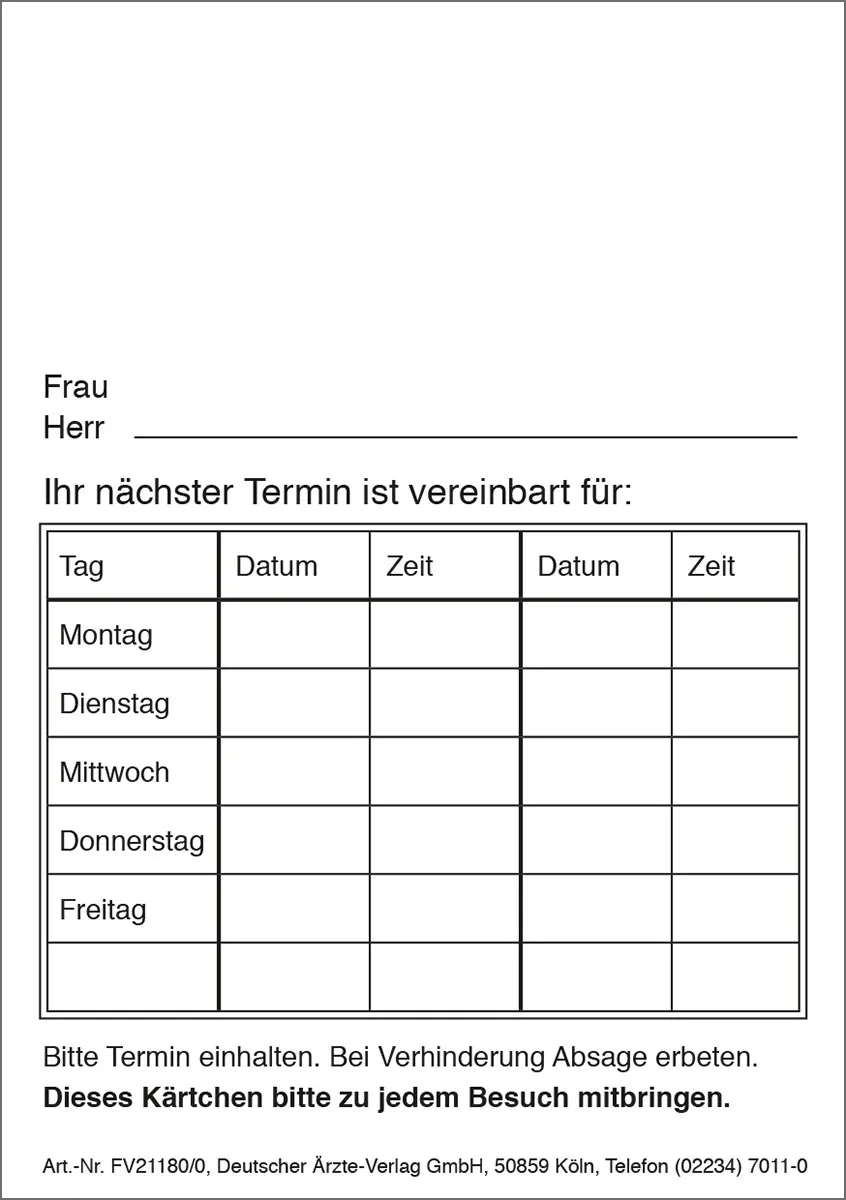 Behandlungs- und Terminkarte A7 Behandlungs-/Terminkarte A7 (neutral)