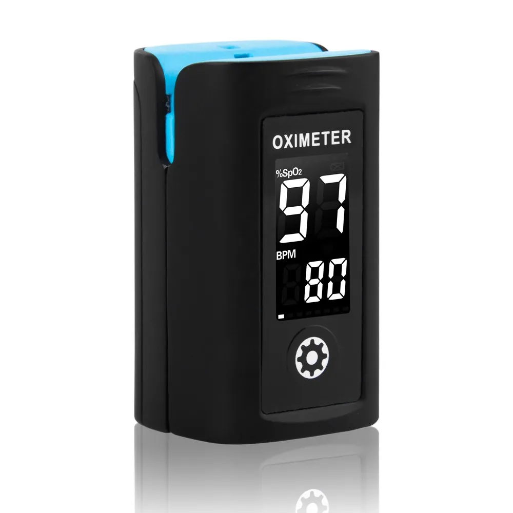 Pulsoximeter Stehender schwarzer Pulsoximeter mit Display.
