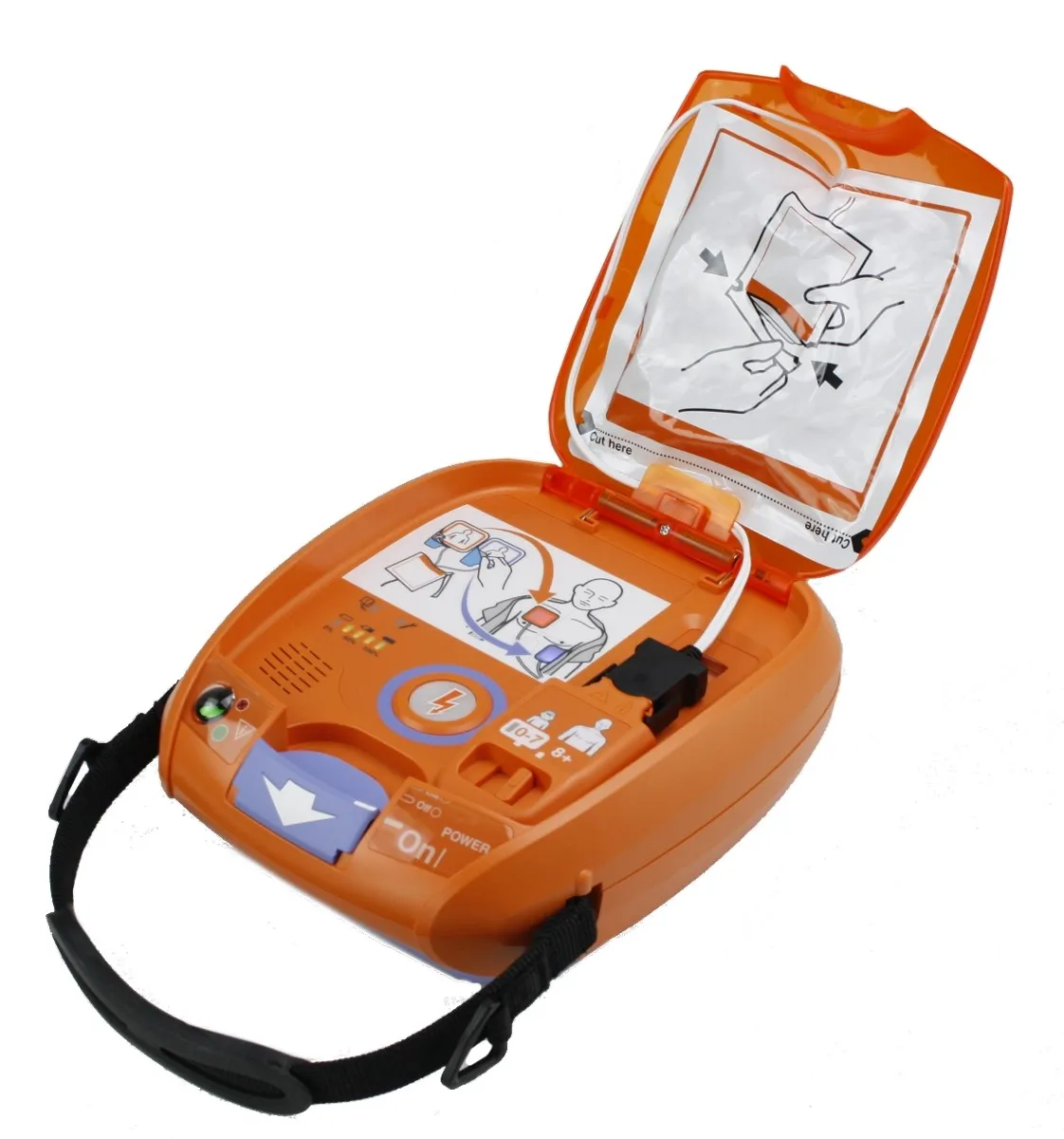 Defibrillator Cardiolife AED 3100 orange 4 Geöffneter orangener Defibrillator mit schwarzem Griff von der Vorderseite.