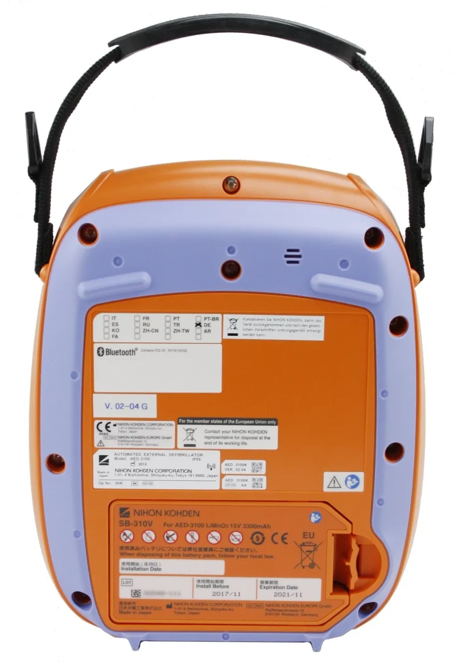 Defibrillator Cardiolife AED 3100 orange 6 Orangener Defibrillator mit schwarzem Griff von der Hinterseite.