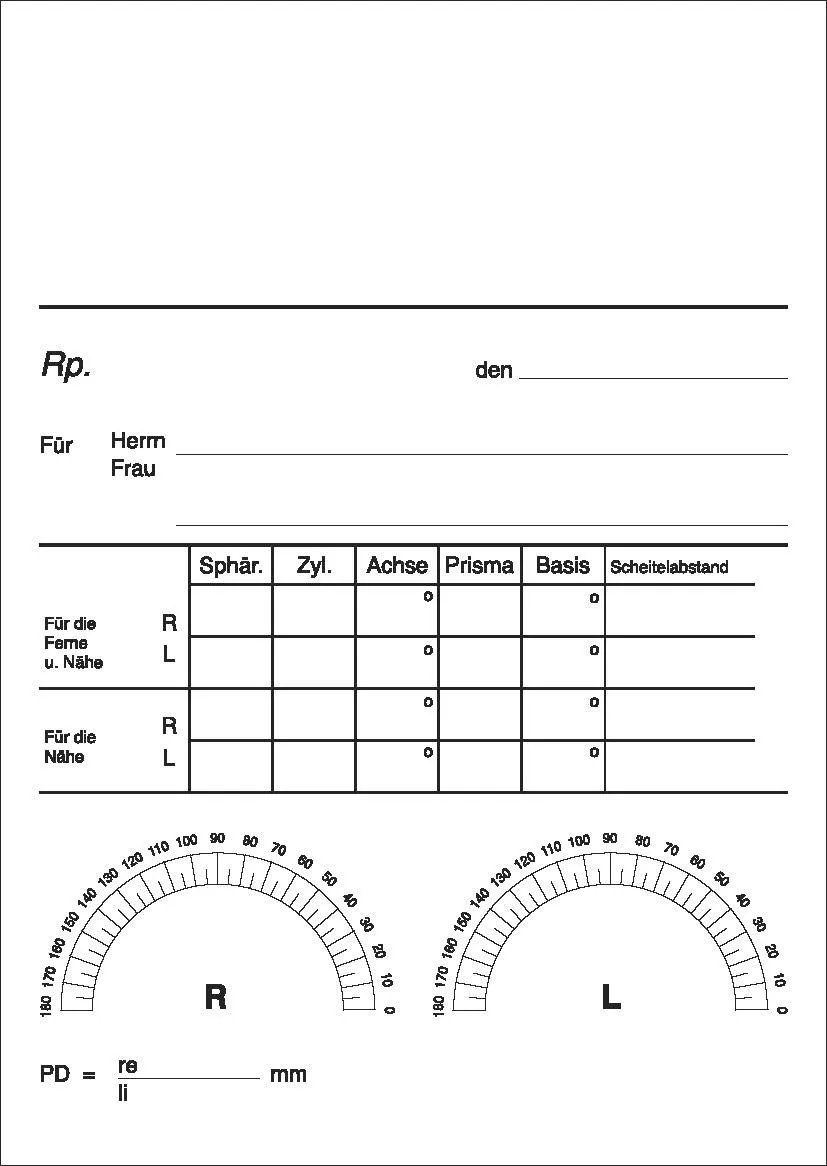 Privat-Brillenrezepte A6 hoch weiß lose 2 Die Privat-Brillenrezepte im Format DIN A6 hoch sind als praktischer Abreißblock gestaltet und bieten einen Vordruck für eine einfache Handhabung. Jede Seite ist einseitig schwarz bedruckt und besteht aus hochwertigem 80 g Qualitätspapier in Weiß.