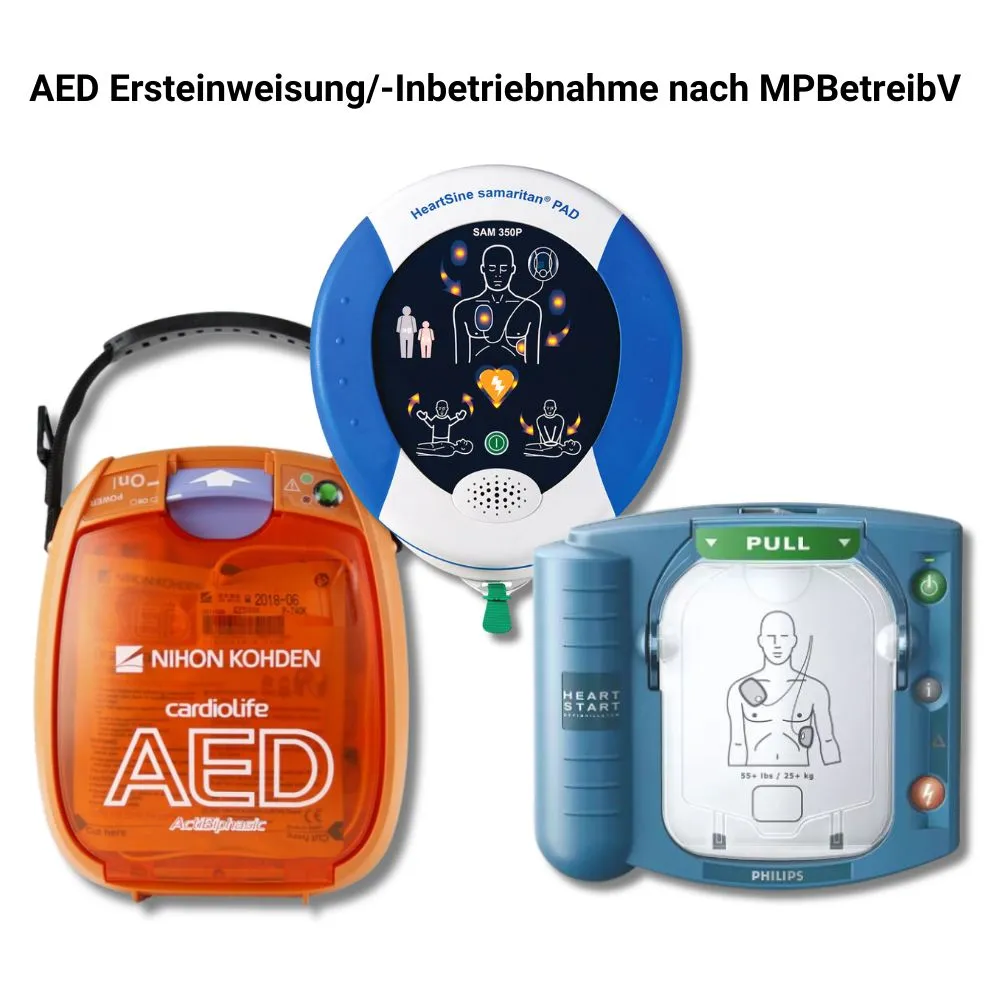 Defibrillator Set mit Überschrift 2 Set mit Defibrillator, Inbetriebnahme und Einweisung mit Überschrift.