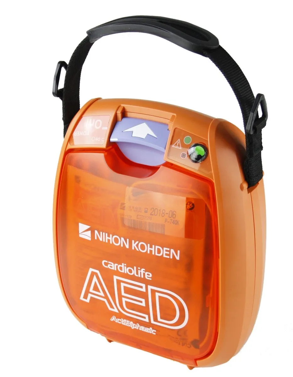 Defibrillator Cardiolife AED 3100 orange 2 Orangener Defibrillator mit schwarzem Griff von der Vorderseite.