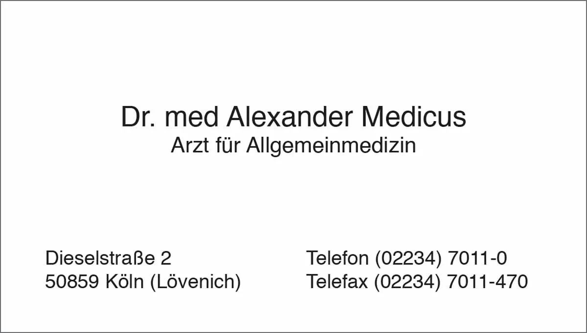Visitenkarte Muster eins Die Visitenkarte im praktischen Scheckkartenformat ist ideal für den professionellen Auftritt Ihrer Praxis. Sie ist einseitig bedruckt und bietet auf Wunsch die Möglichkeit, Ihr individuelles Praxislogo und Praxisinformationen einzufügen.