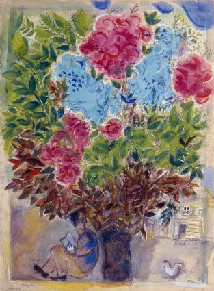 Chagall, Der Wartende unter dem Blumenstrauß Chagall, Der Wartende unter dem Blumenstrauß