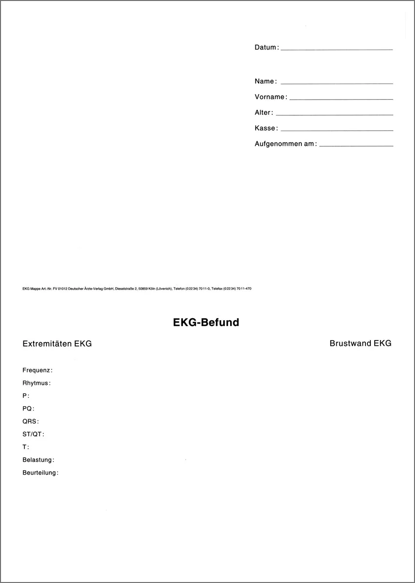 EKG Karteimappe Karteimappen zur systematischen Dokumentation von EKG-Untersuchungen, im Endformat DIN A5 (21 x 14,8 cm), einseitig bedruckt und mit einer vorgefalzten Linie für einfache Handhabung in Arztpraxen.