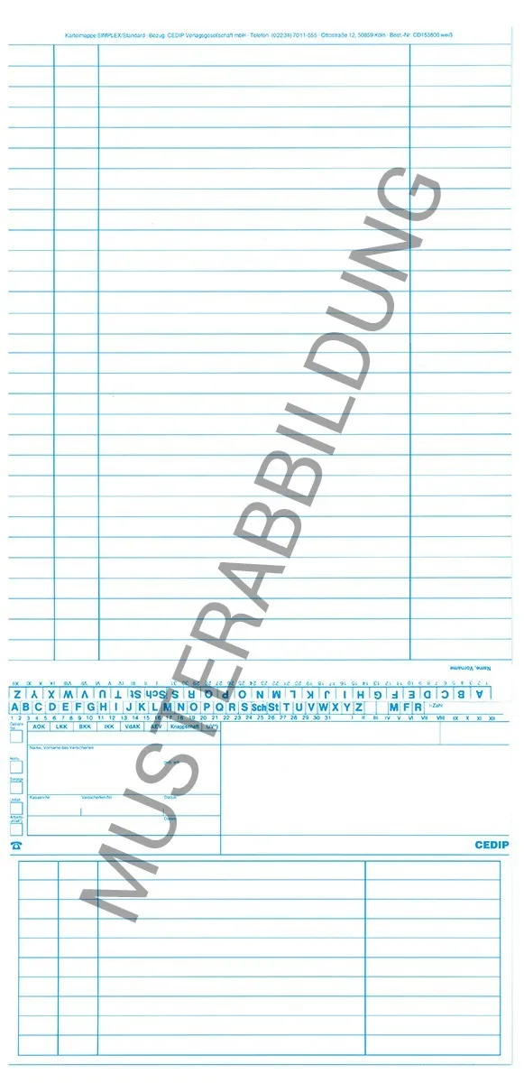 Simplex Karteikarte HNO Die Simplex Karteikarten für HNO bieten eine praktische Lösung zur Patientendokumentation in der urologischen Praxis mit vielen Spalten und Zeilen. Es gibt Felder für den Namen, die Adresse und weitere Details.